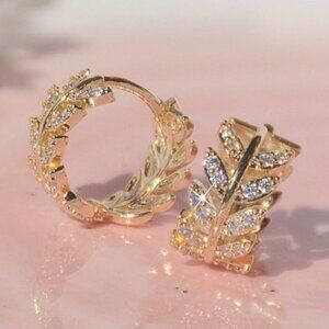 14K Gold Diamond Olive Leaf Huggie Hoop Earrings